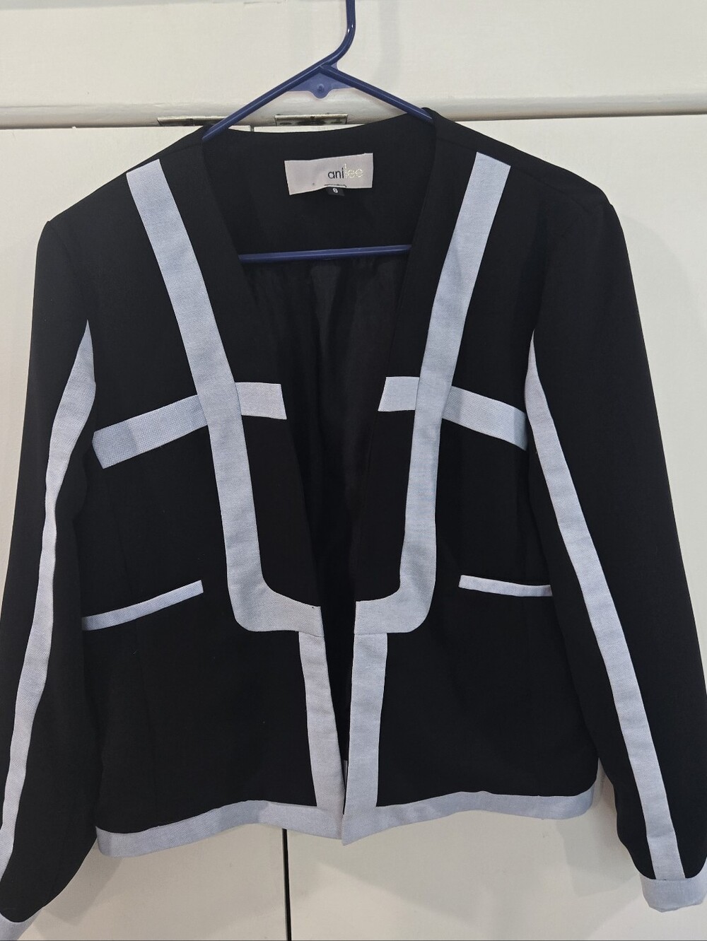 Black Open-Front Blazer with White Contrast Trim